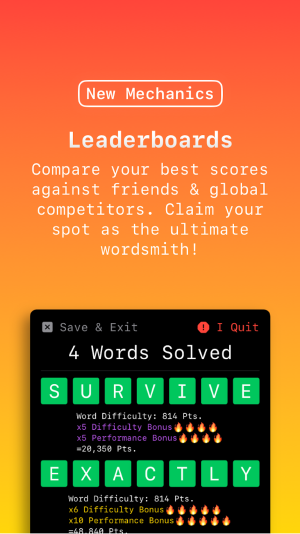 A screenshot of LOSER - A Word Game's main game screen; the selected game mode is Survival.