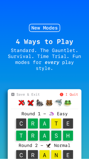 A screenshot of LOSER - A Word Game's main game screen; the selected game mode is The Gauntlet.